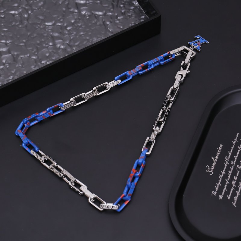 Louis Vuitton Acrylic Resin Metal Chain Link Necklace Blue Red view