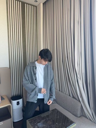 Grey Knit Cardigan Jacket with Button Front view 3