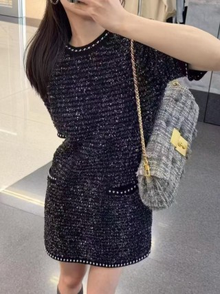 Black Sequin Short Sleeve T-Shirt with Studded Trim