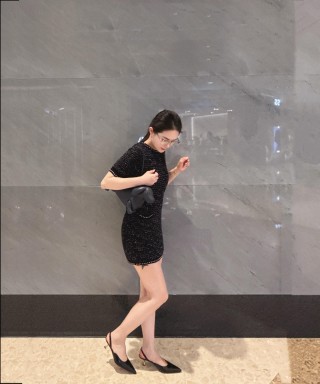 Black Sequin Short Sleeve T-Shirt with Studded Trim view 5