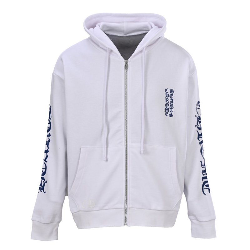 Chrome Hearts White Zip Hoodie with Gothic Sleeve Print view