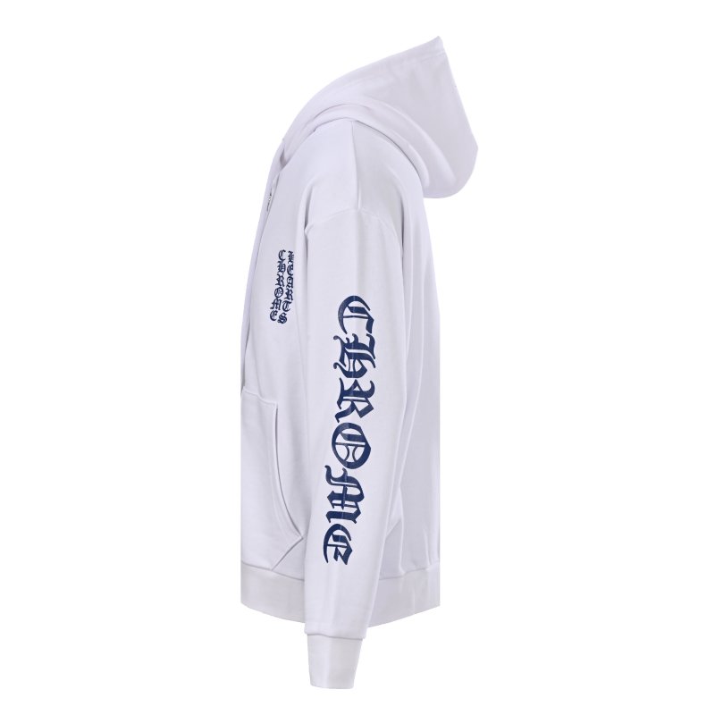 Chrome Hearts White Zip Hoodie with Gothic Sleeve Print view