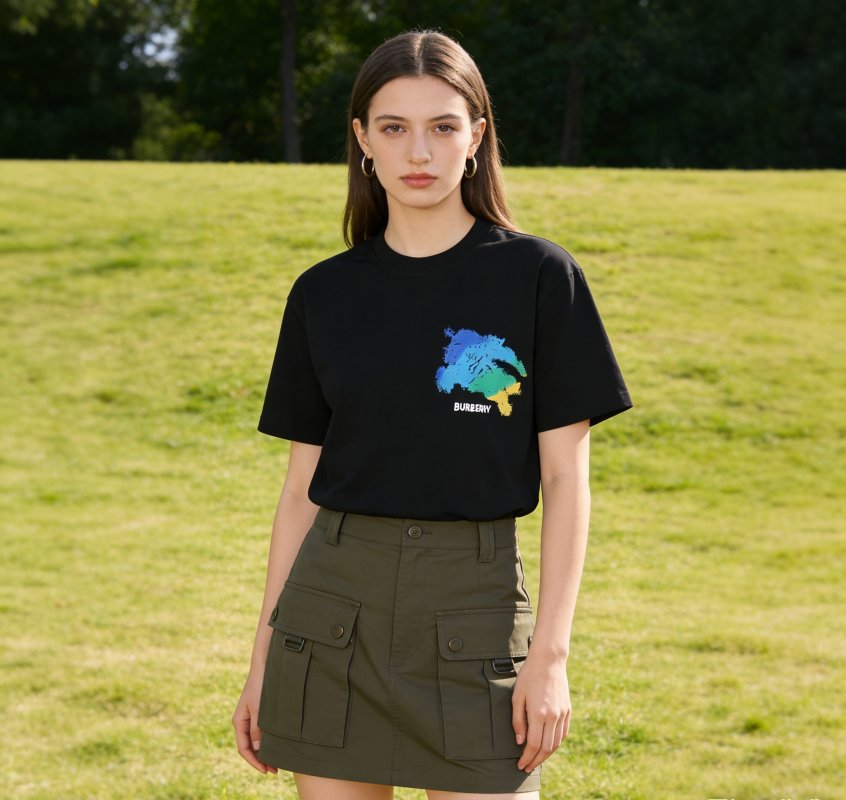 Burberry Colorblock Horse Print Black T-Shirt