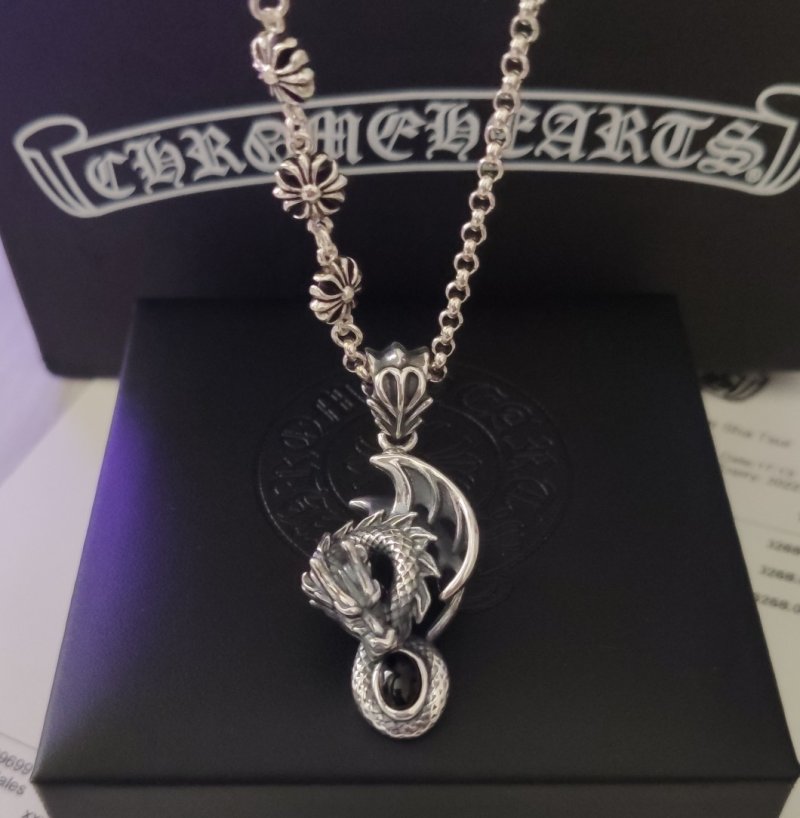 Chrome Hearts Dragon Distressed Cross Chain Pendant Necklace Silver view