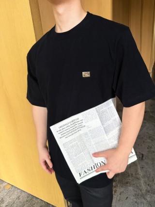 Black Newspaper Print T-Shirt with Small Badge