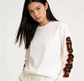 Cream Long Sleeve Tee with Orange & Black Sleeve Print