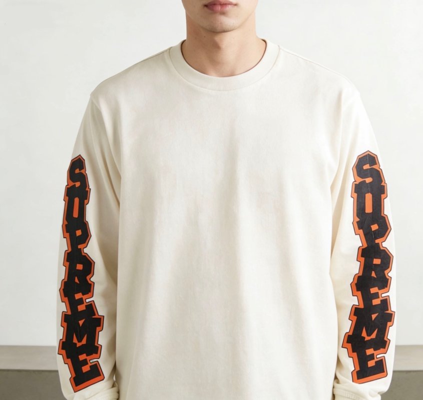 Cream Long Sleeve Tee with Orange & Black Sleeve Print view