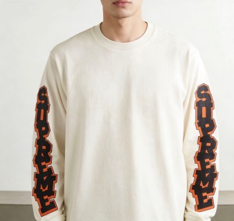 Cream Long Sleeve Tee with Orange & Black Sleeve Print view 2