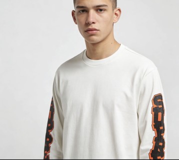 Cream Long Sleeve Tee with Orange & Black Sleeve Print view 3
