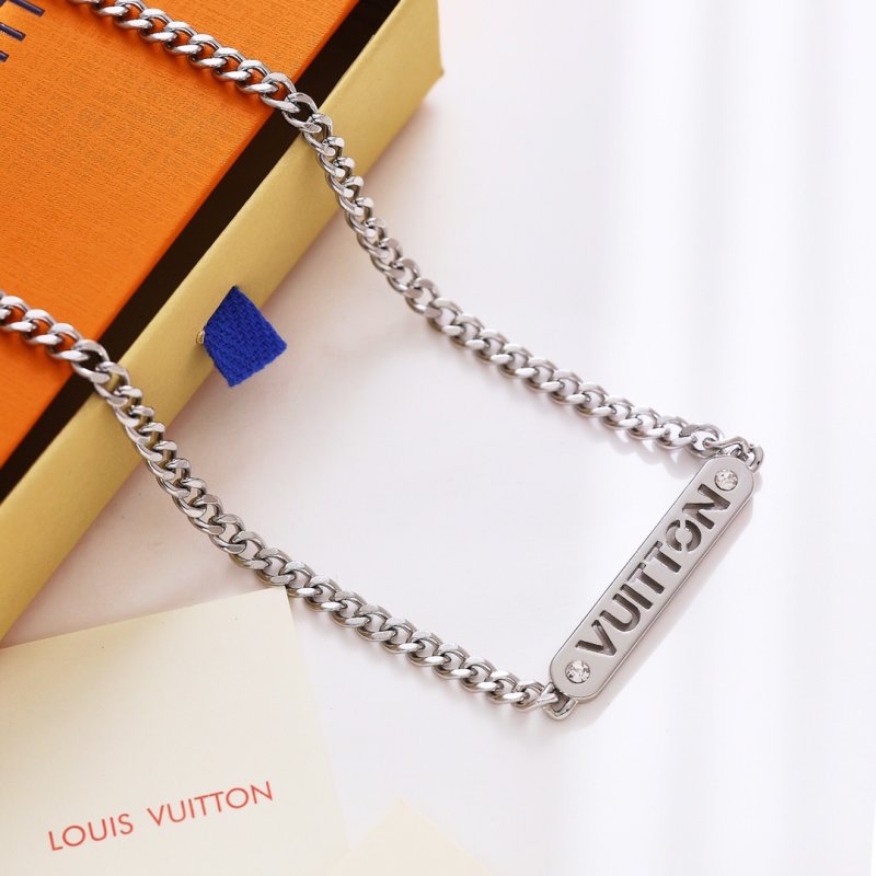 Louis Vuitton Curved Plate Crystal Chain Necklace Silver