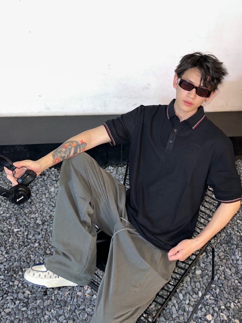 Prada Black Polo Shirt with Red Trim
