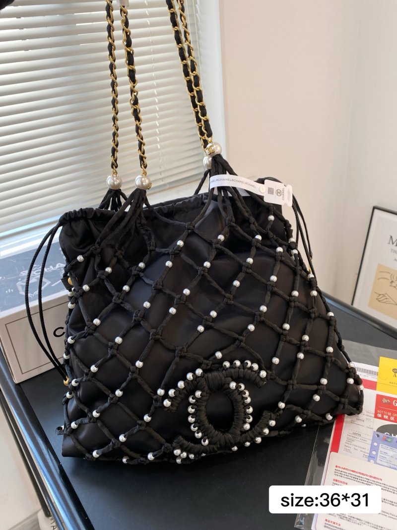 Chanel Coco Beach Pearl Grid Bucket Bag Black