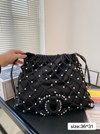 Chanel Coco Beach Pearl Grid Bucket Bag Black view 4