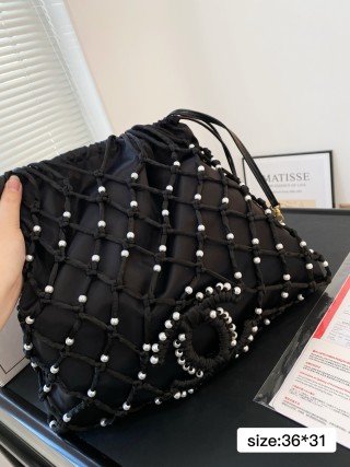 Chanel Coco Beach Pearl Grid Bucket Bag Black view 5