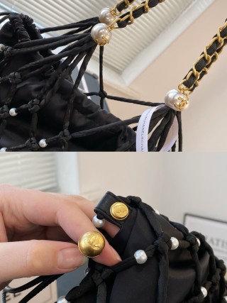Chanel Coco Beach Pearl Grid Bucket Bag Black view 7
