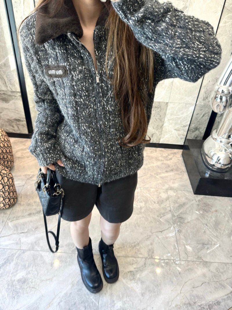 Charcoal Tweed Zip Jacket with Oversized Collar