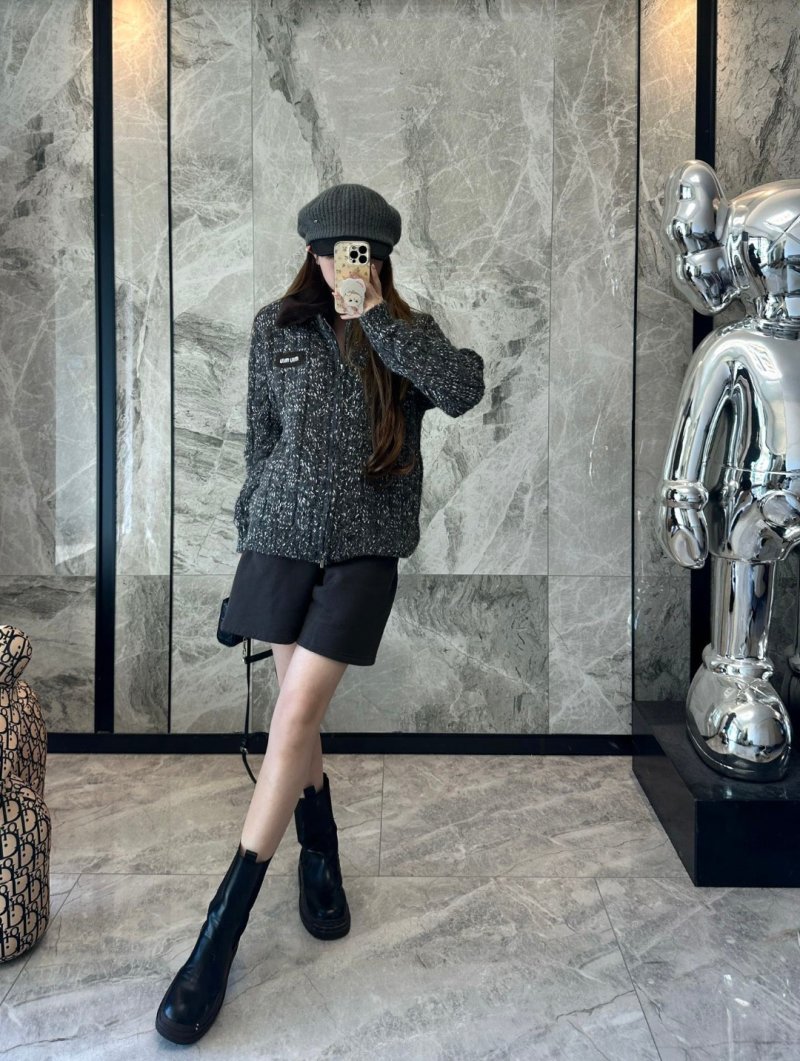 Charcoal Tweed Zip Jacket with Oversized Collar view