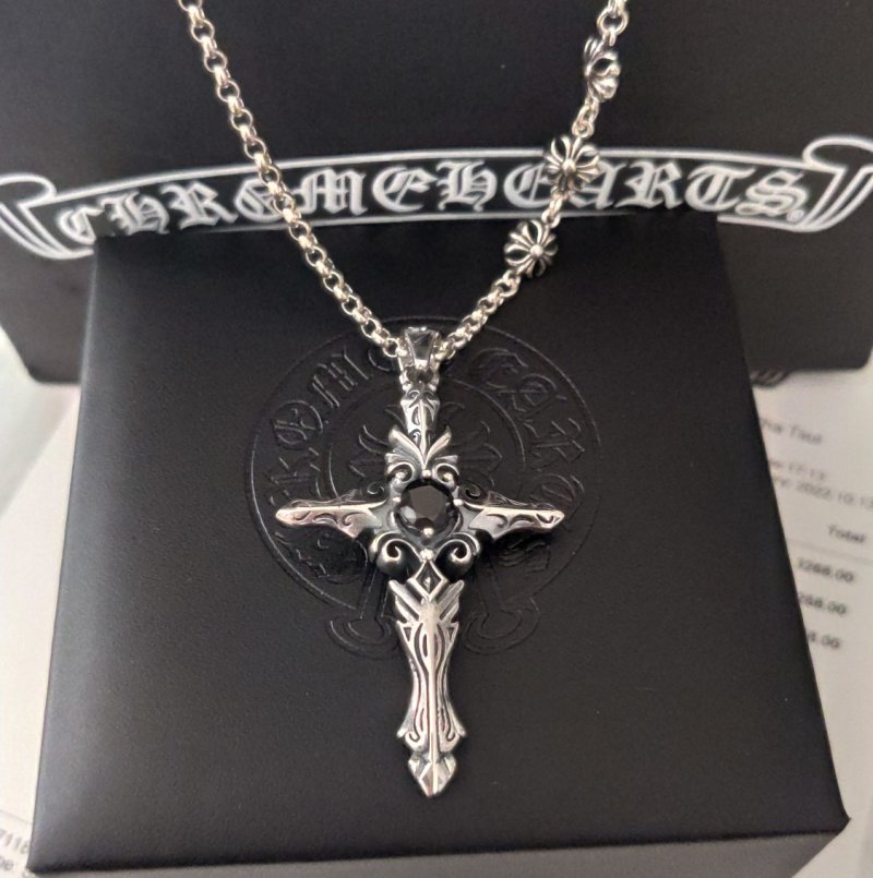 Chrome Hearts Distressed Cross Pendant Couple Necklace Silver view