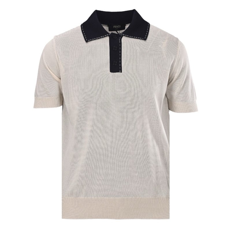 Cream Knit Polo Shirt with Navy Collar view