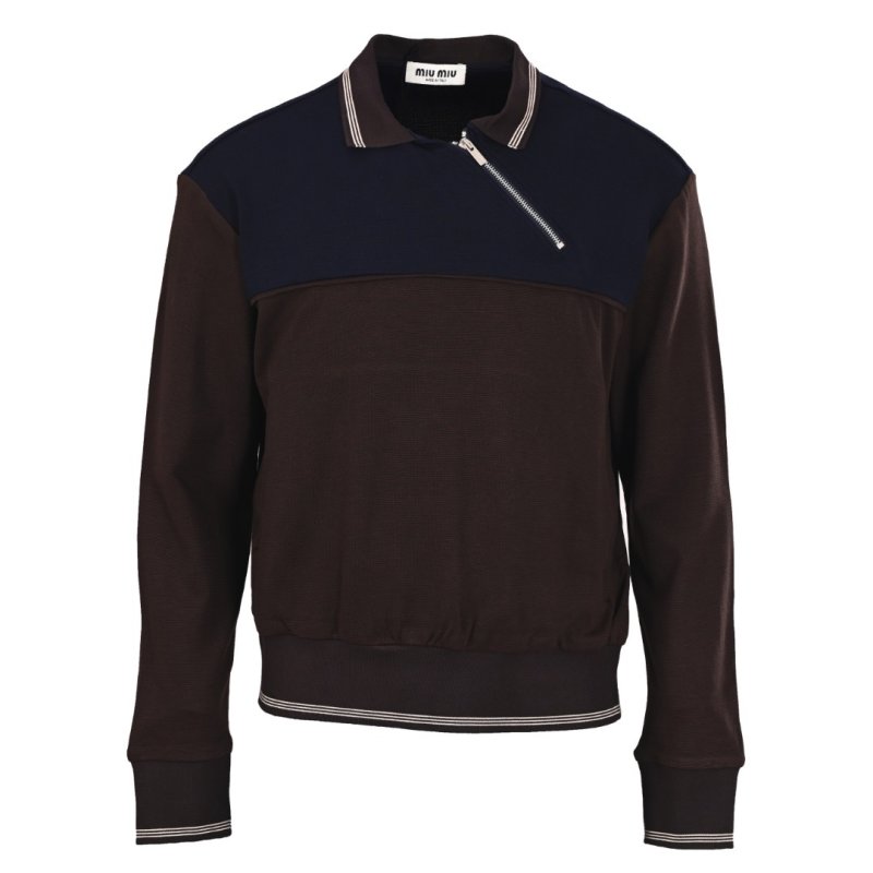 Navy & Brown Color-Block Track Jacket with Striped Trim view