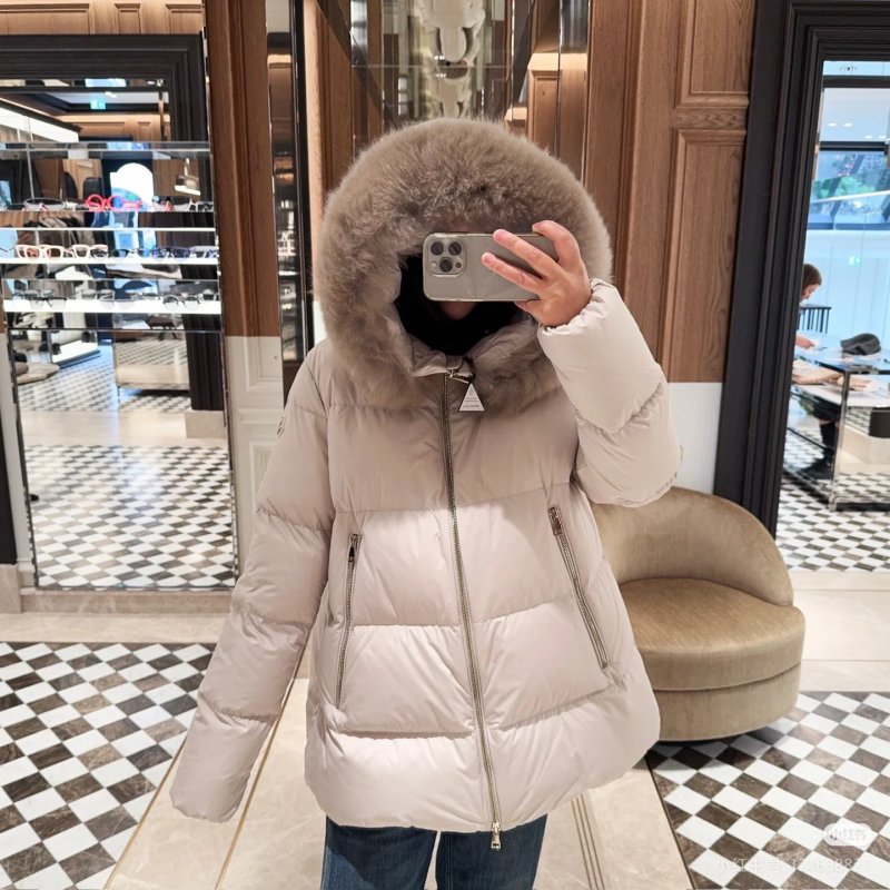 Cream Puffer Down Jacket with Faux Fur Hood