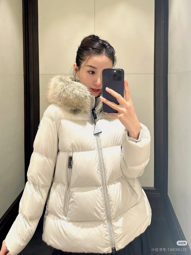 Cream Puffer Down Jacket with Faux Fur Hood view