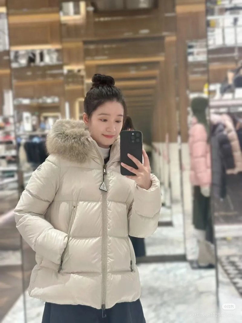 Cream Puffer Down Jacket with Faux Fur Hood view