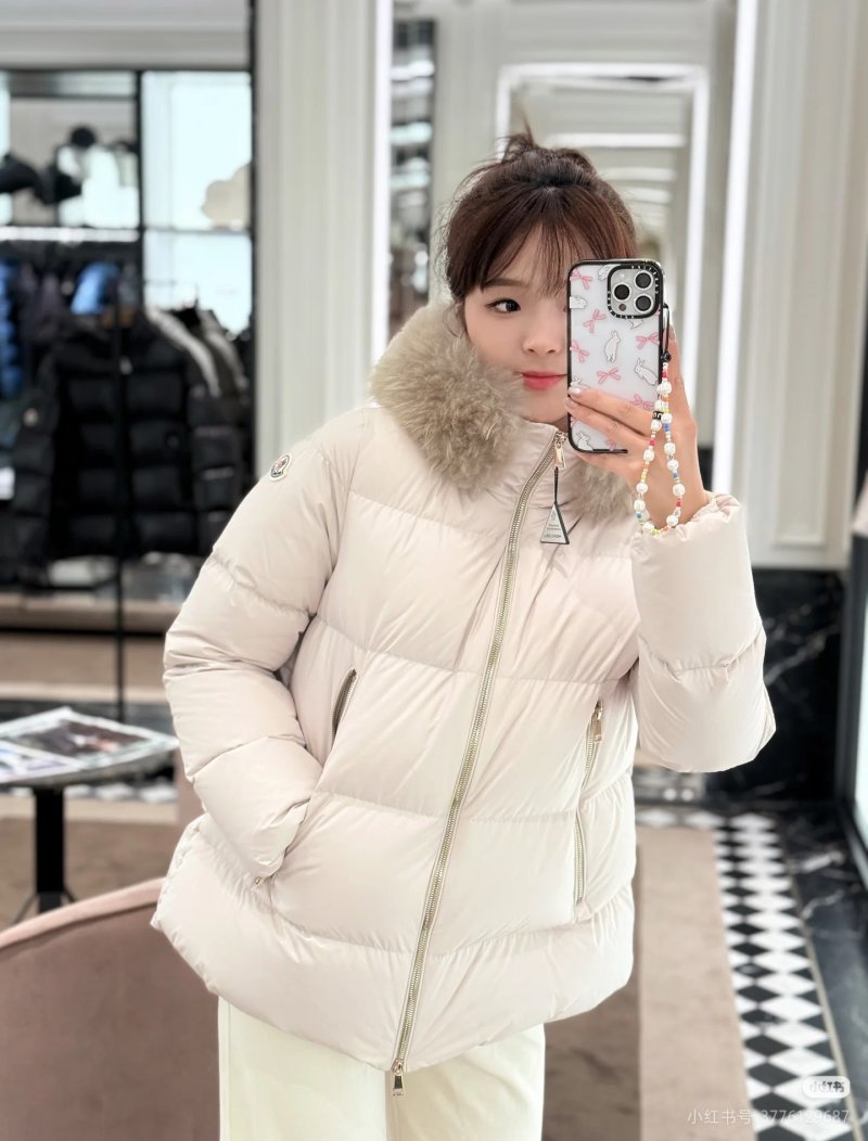 Cream Puffer Down Jacket with Faux Fur Hood view