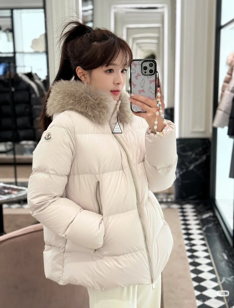 Cream Puffer Down Jacket with Faux Fur Hood view