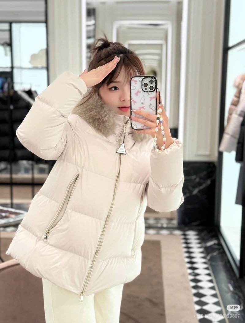 Cream Puffer Down Jacket with Faux Fur Hood view