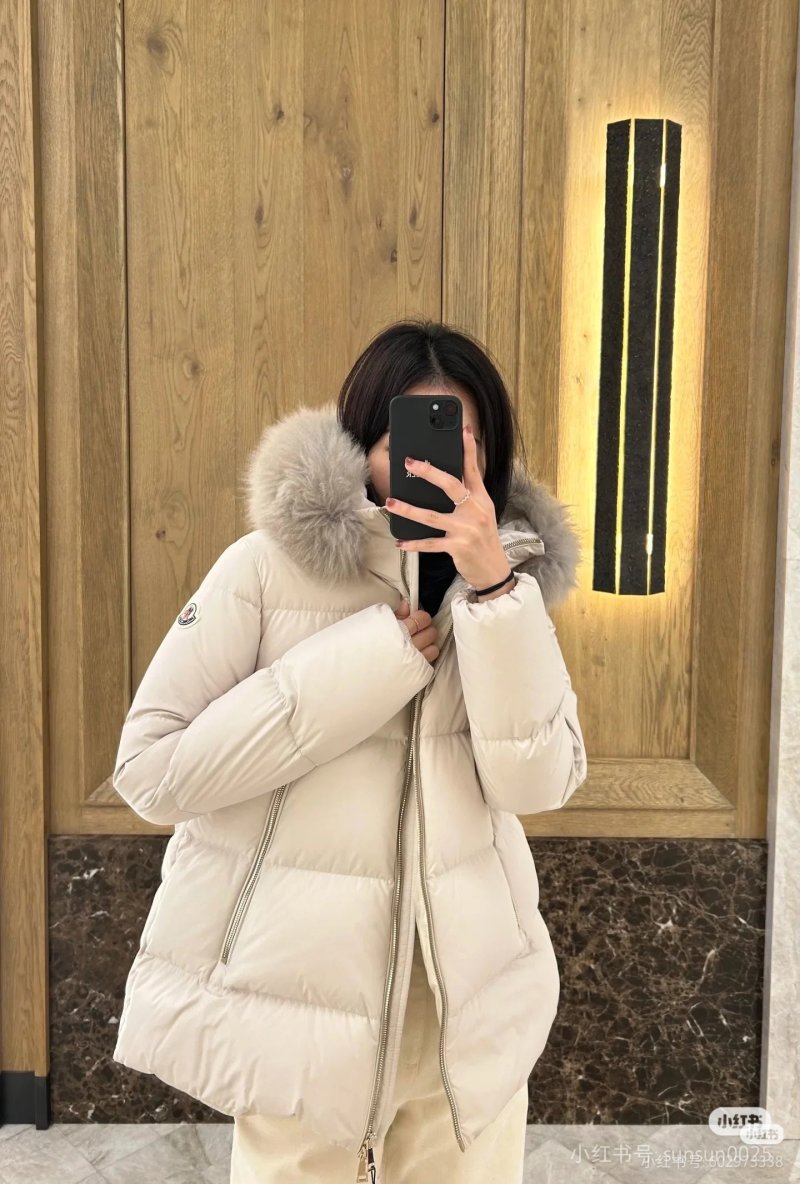 Cream Puffer Down Jacket with Faux Fur Hood view