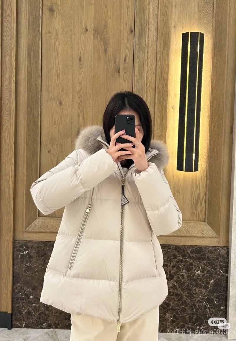 Cream Puffer Down Jacket with Faux Fur Hood view