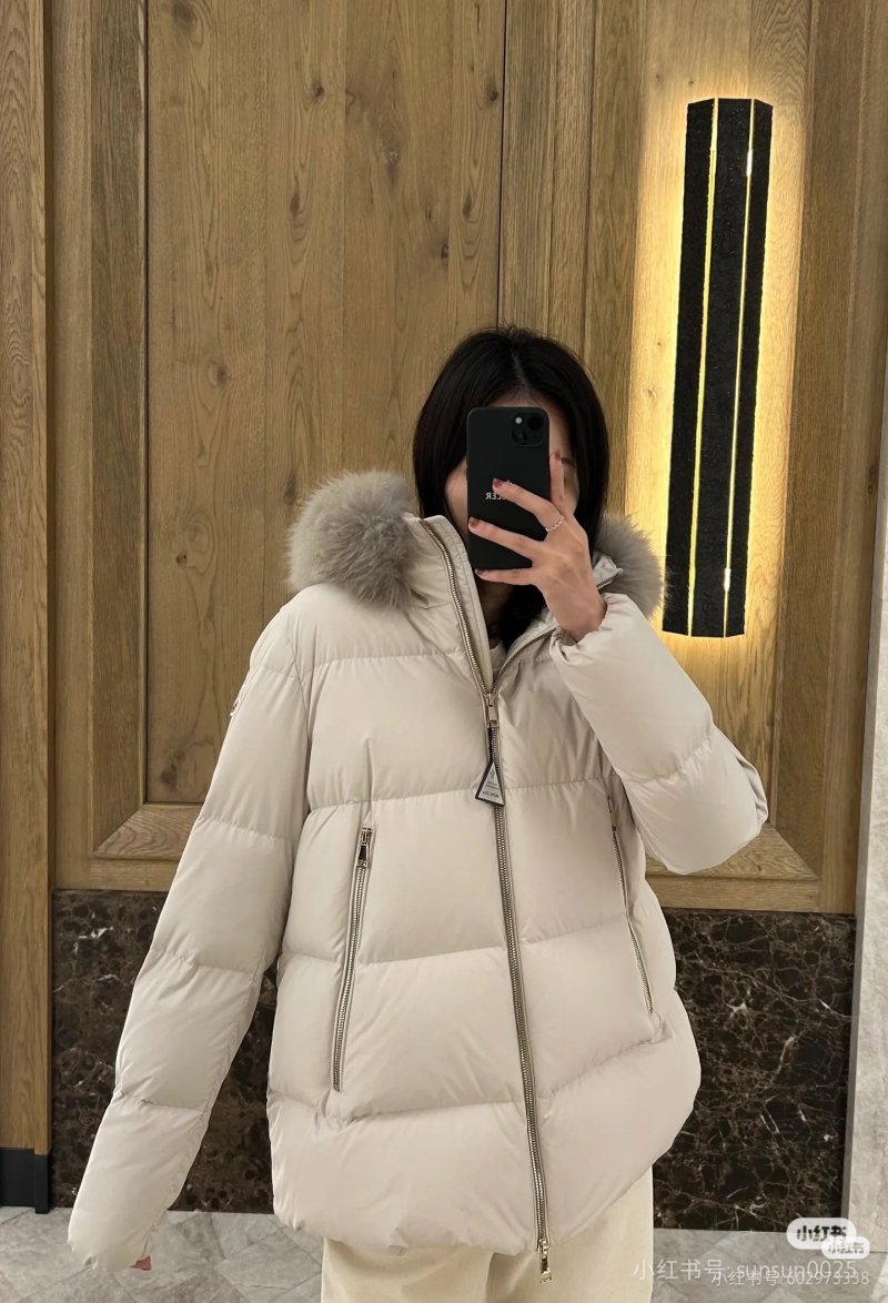 Cream Puffer Down Jacket with Faux Fur Hood view