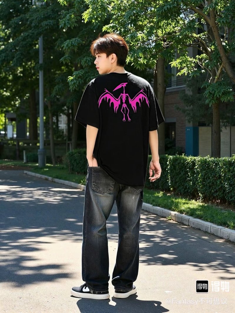 Black Oversized T-Shirt with Pink Winged Skeleton Graphic