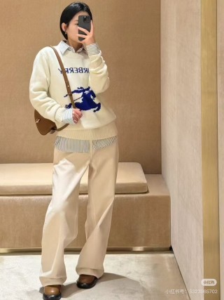 Burberry Cream Knit Sweater with Navy Horse Logo view 2
