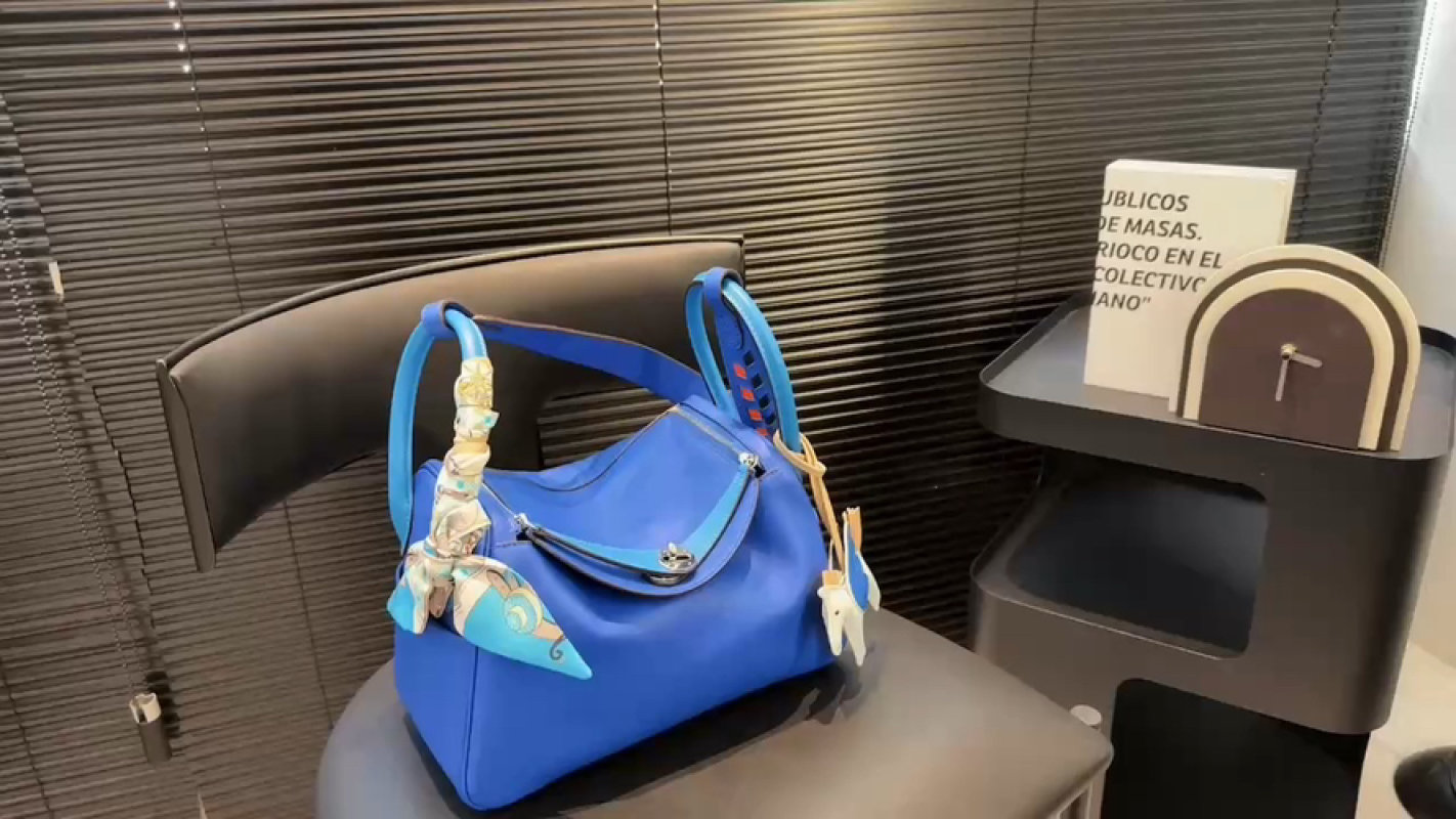 Hermes Lindy Blue Leather Shoulder Bag with Silk Scarf