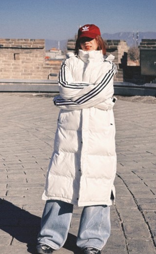 Adidas White Long Puffer Down Jacket with Red Stripe view 3