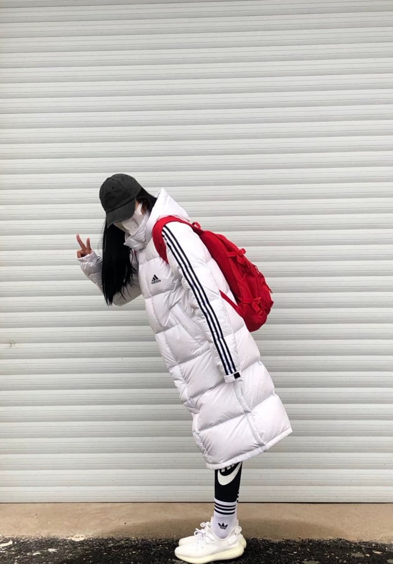 Adidas White Long Puffer Down Jacket with Red Stripe view