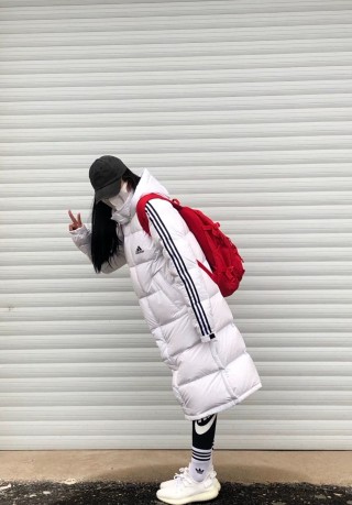 Adidas White Long Puffer Down Jacket with Red Stripe view 5