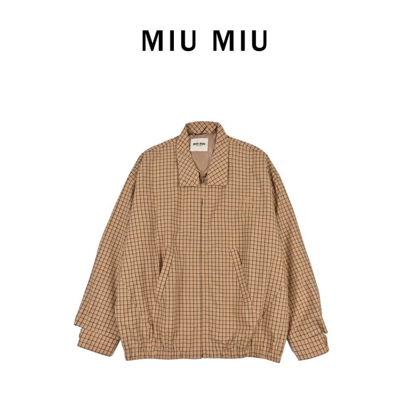 Miu Miu Checked Cotton Harrington Jacket - Tan view