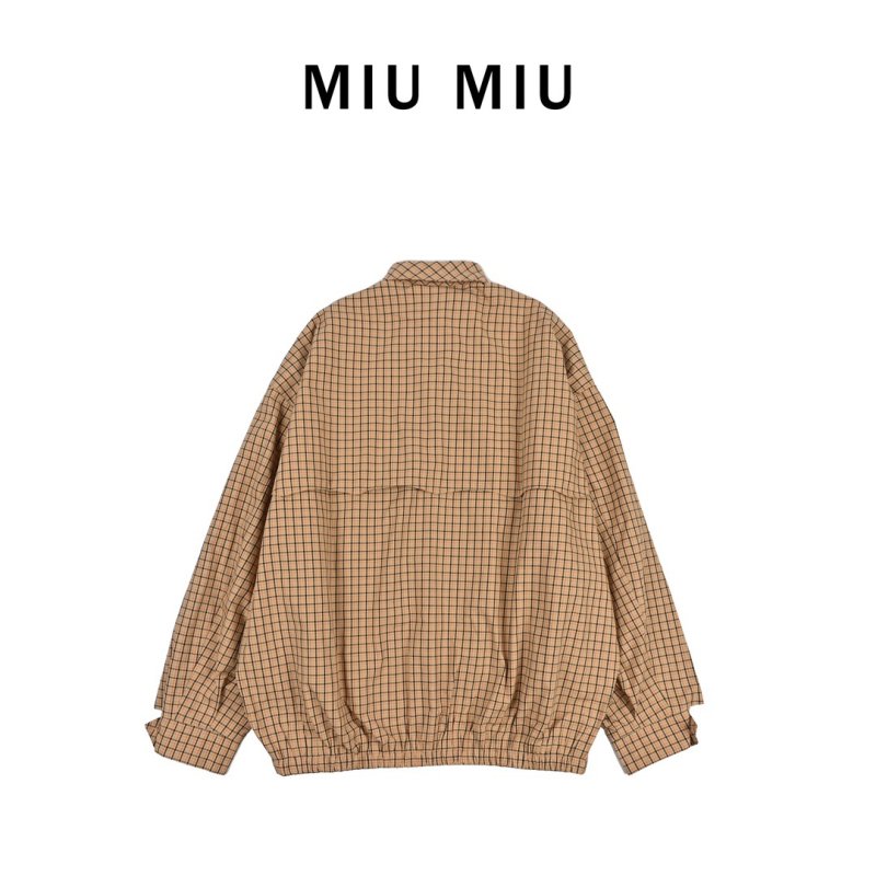 Miu Miu Checked Cotton Harrington Jacket - Tan view