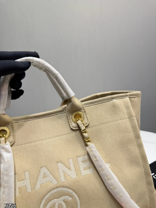 Chanel Deauville Tote Beige Canvas Beach Bag view 2