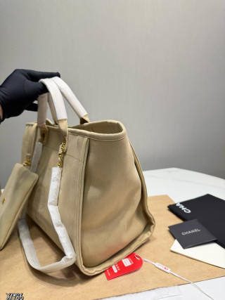 Chanel Deauville Tote Beige Canvas Beach Bag view 3