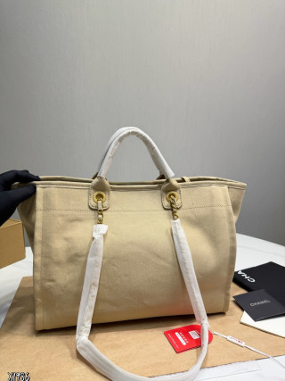 Chanel Deauville Tote Beige Canvas Beach Bag view 4