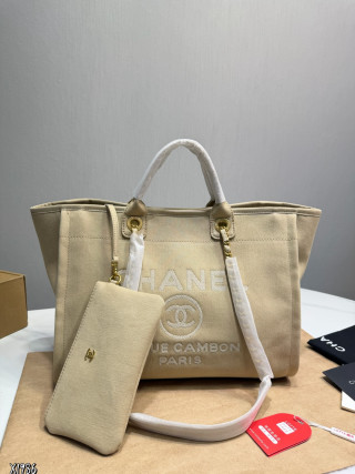Chanel Deauville Tote Beige Canvas Beach Bag view 5