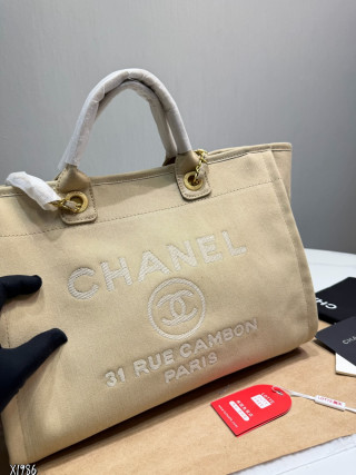 Chanel Deauville Tote Beige Canvas Beach Bag view 8