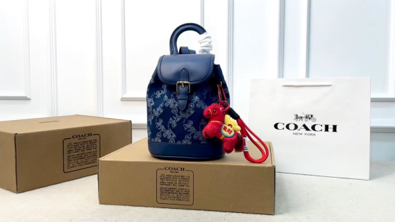 Coach Navy Monogram Backpack with Leather Trim