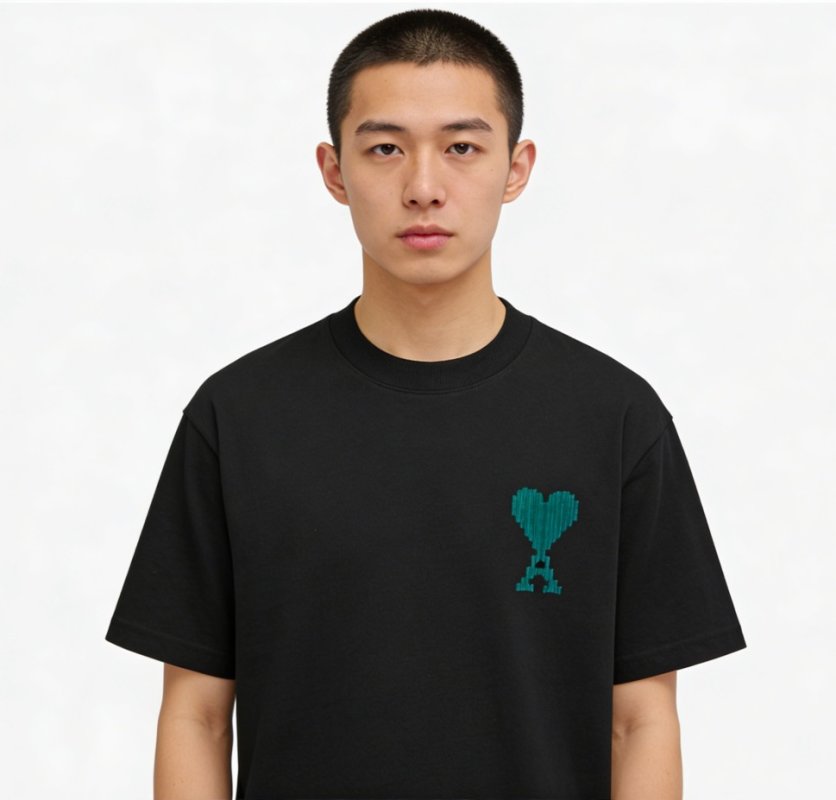 Black T-Shirt with Teal Heart Graphic Print
