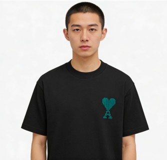 Black T-Shirt with Teal Heart Graphic Print