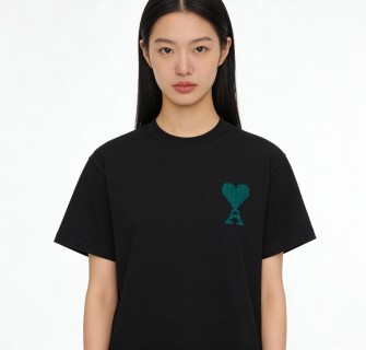 Black T-Shirt with Teal Heart Graphic Print view 3